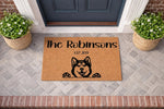 Personalized Husky dog doormat for front porch entry, featuring a custom family name and established year on natural coir fiber.