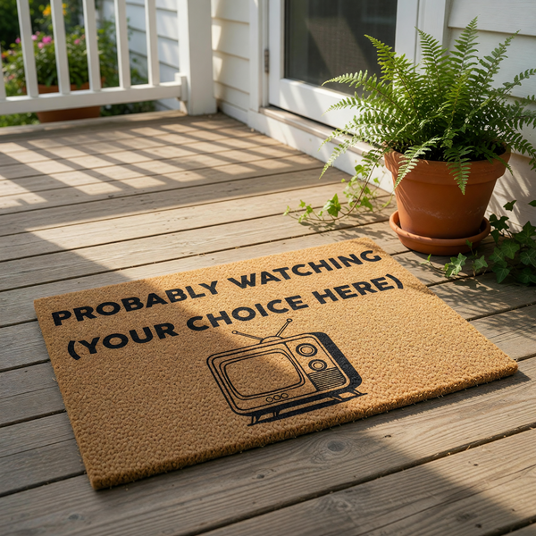 Personalized TV show doormat with a retro television illustration and funny text, this custom coir welcome mat is a durable outdoor floor rug for home entryways, perfect for movie lovers and television fans seeking unique house
