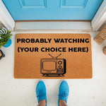 Funny TV show doormat with custom text, featuring a retro television illustration on natural coir fiber.