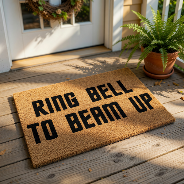 Funny Ring Bell To Beam Up doormat made of natural coir fiber, featuring bold black text on a textured brown background, perfect as a sci-fi themed welcome mat for your front porch or entryway to greet guests with humor.