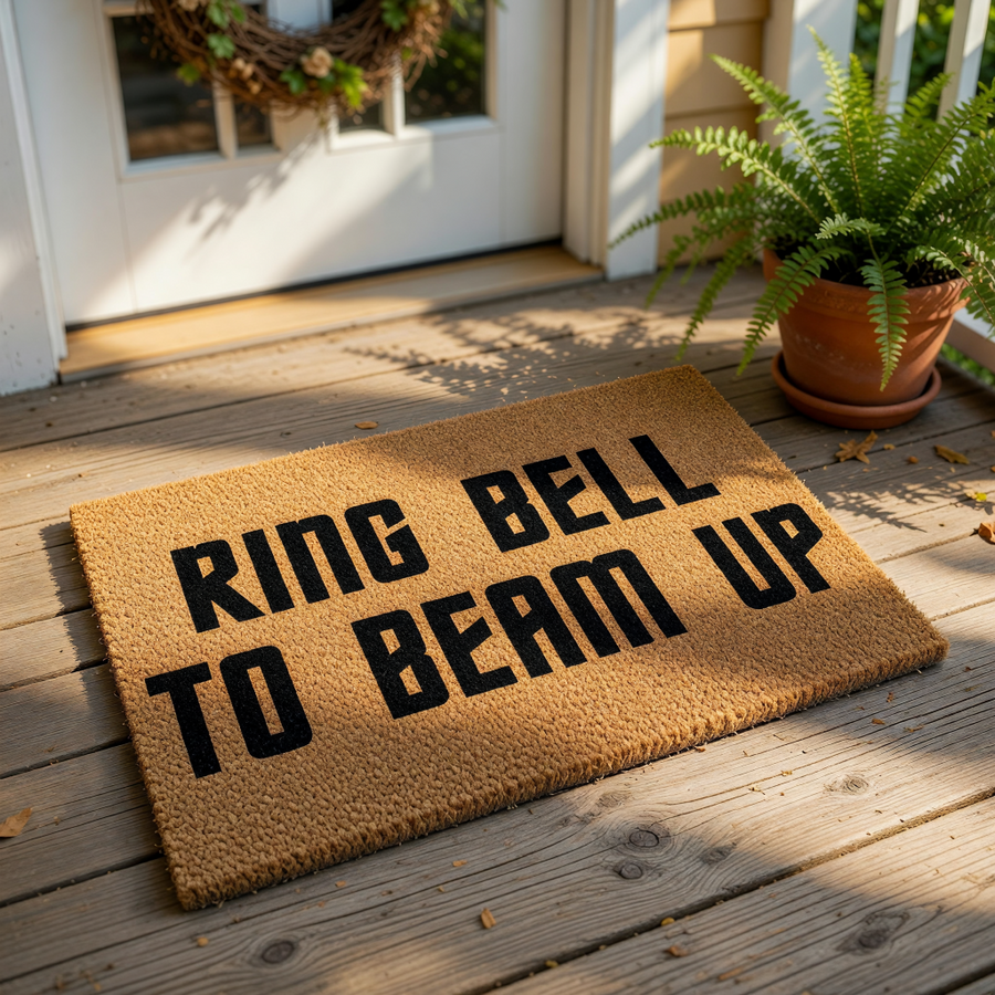 Funny Ring Bell To Beam Up doormat made of natural coir fiber, featuring bold black text on a textured brown background, perfect as a sci-fi themed welcome mat for your front porch or entryway to greet guests with humor.