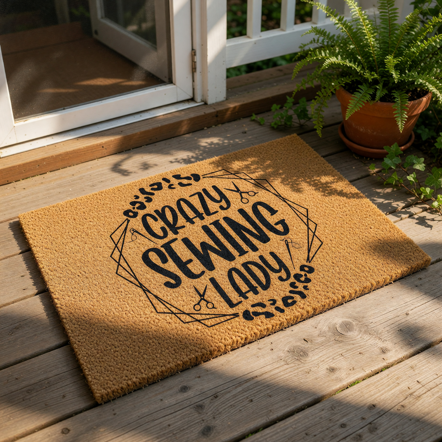Crazy Sewing Lady doormat featuring a fun hobby design on natural coir fiber, this funny welcome mat for quilters and crafters makes a great front porch decor piece for any sewing room entrance or home entryway for a sewing