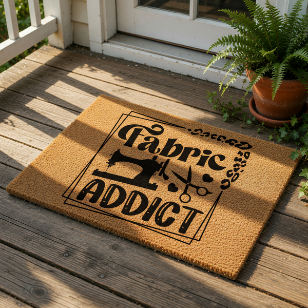 Fabric Addict coir doormat featuring a sewing machine and scissors design, this natural fiber welcome mat is a funny sewing room decor piece for quilters and crafters who love fabric, perfect for a front porch or sewing studio