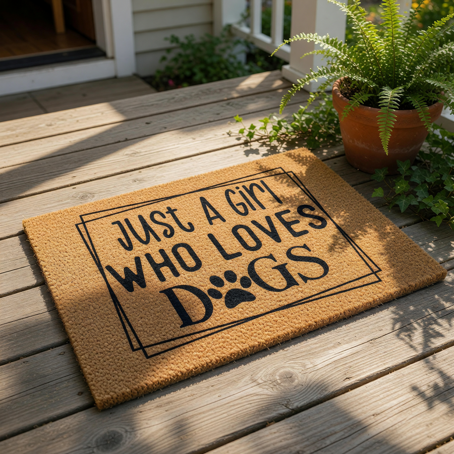 Just A Girl Who Loves Dogs coir doormat with a paw print design, featuring a natural fiber welcome mat for pet owners that makes a fun front porch decor piece for any dog lover looking for a durable outdoor entrance floor rug.