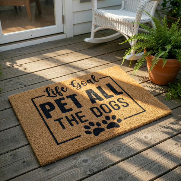 Life Goal Pet All The Dogs coir doormat with a black paw print design, this funny dog lover welcome mat is a durable natural fiber floor rug for your front porch entry, perfect for pet owners and dog themed home decor enthusiasts.