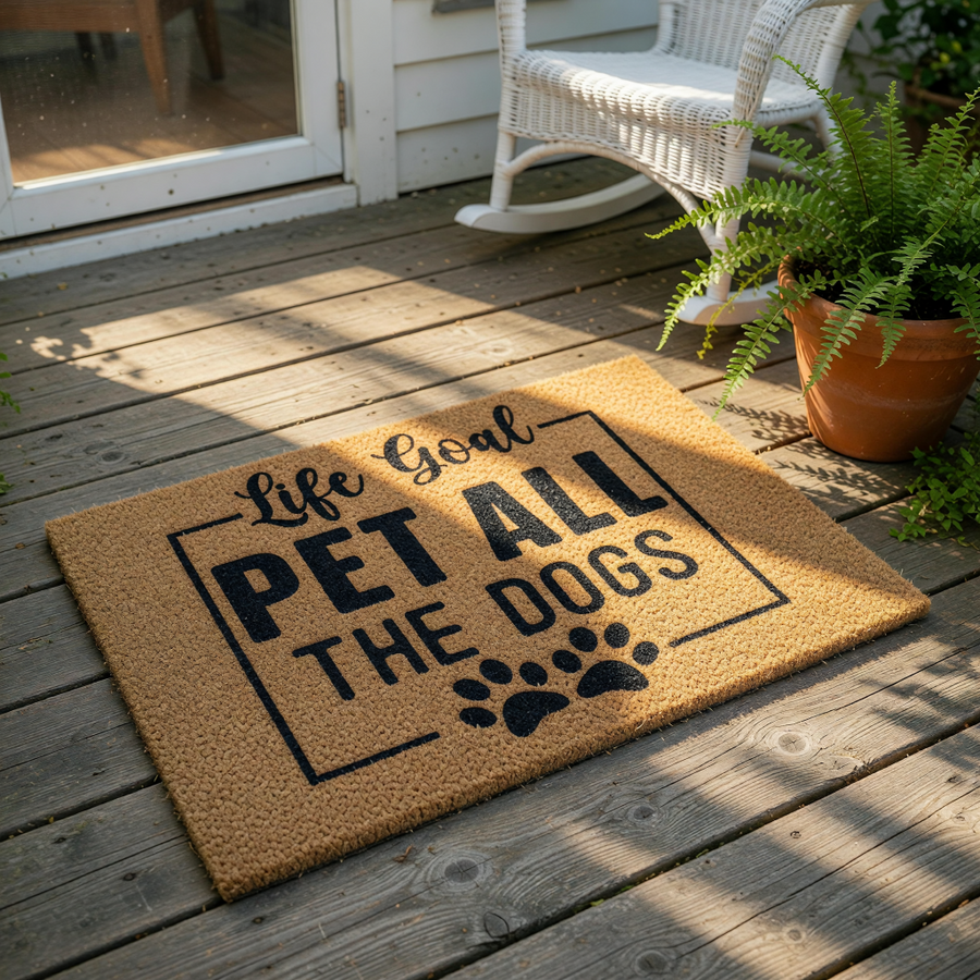 Life Goal Pet All The Dogs coir doormat with a black paw print design, this funny dog lover welcome mat is a durable natural fiber floor rug for your front porch entry, perfect for pet owners and dog themed home decor enthusiasts.