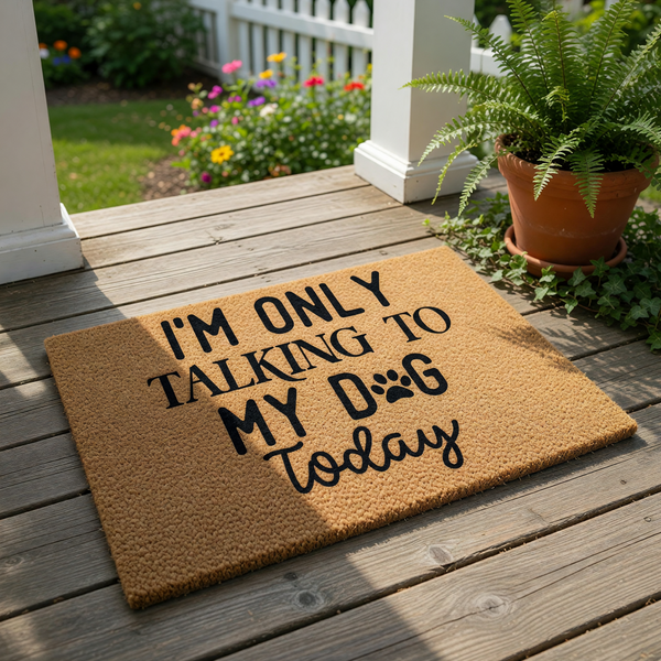 Funny dog lover doormat with the text I'm Only Talking To My Dog Today, featuring a paw print design on a natural coir fiber welcome mat, perfect for a front porch entrance or as a humorous housewarming gift for pet owners.