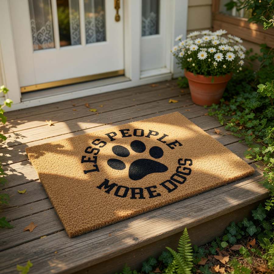 Less People More Dogs doormat featuring a large black paw print design on natural coir fiber, this funny dog lover welcome mat is a durable outdoor floor rug for pet owners who want a humorous entryway decor for their front porch.