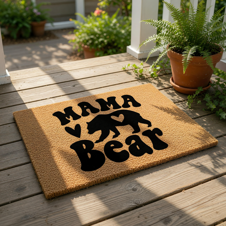 Mama Bear coir doormat featuring a black silhouette of a bear with a heart cutout on a natural fiber welcome mat, perfect for a front porch entry or home decor for a mother who loves rustic animal themed housewarming accessories.
