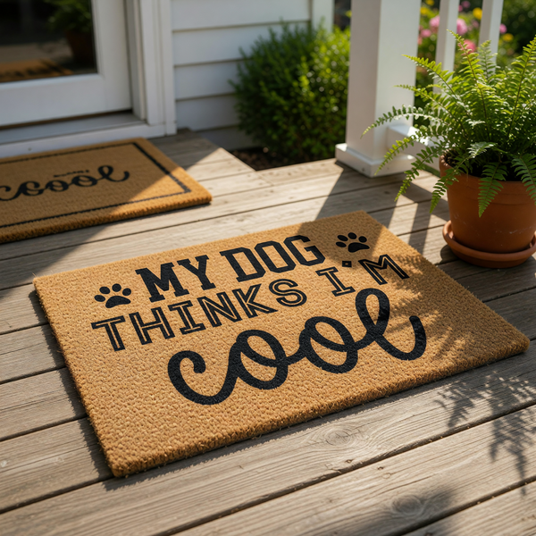 My Dog Thinks I Am Cool doormat, a natural coir fiber welcome mat for pet lovers featuring black paw prints and funny text, this durable outdoor floor rug is a humorous home decor piece for any dog owner entryway or front porch.