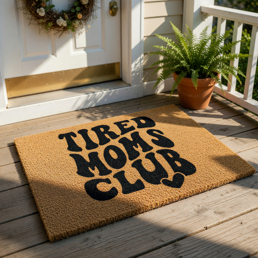 Tired Moms Club coir doormat with bold black wavy typography and a heart icon, this funny welcome mat for front porch entryways is a durable natural fiber rug that makes a relatable home decor statement for busy parents.
