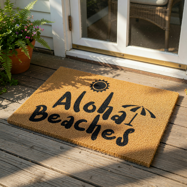 Aloha Beaches coir doormat featuring a tropical sun and beach umbrella design, this natural fiber welcome mat is a fun outdoor floor rug for your front porch, entryway, or patio decor with a summer vacation vibe for your home.