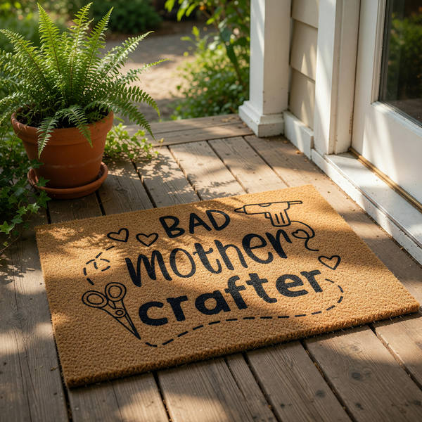 Bad Mother Crafter doormat for hobbyists, featuring a natural coir welcome mat with black text, scissors, and a glue gun design, perfect for a craft room entrance or a funny home decor gift for a creative mom who loves DIY
