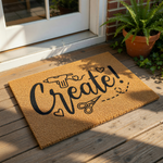 Create craft room doormat featuring a hot glue gun and scissors design on natural coir fiber, this funny welcome mat for crafters is a stylish entryway rug for your home studio, sewing room, or creative workspace decor.