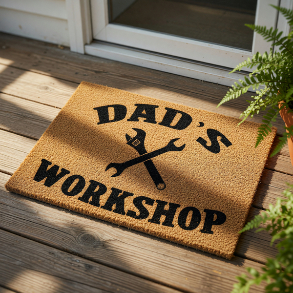 Dad's Workshop coir doormat featuring a black printed design of crossed wrenches, this durable outdoor welcome mat is a functional floor rug for a garage, man cave, or home workshop entrance for any handy father or DIY enthusiast.