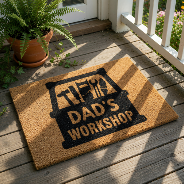 Dad's Workshop coir doormat featuring a black toolbox graphic with hand tools, this durable natural fiber welcome mat is a fun garage or shop floor decor piece for a father who loves DIY projects and home improvement tasks.
