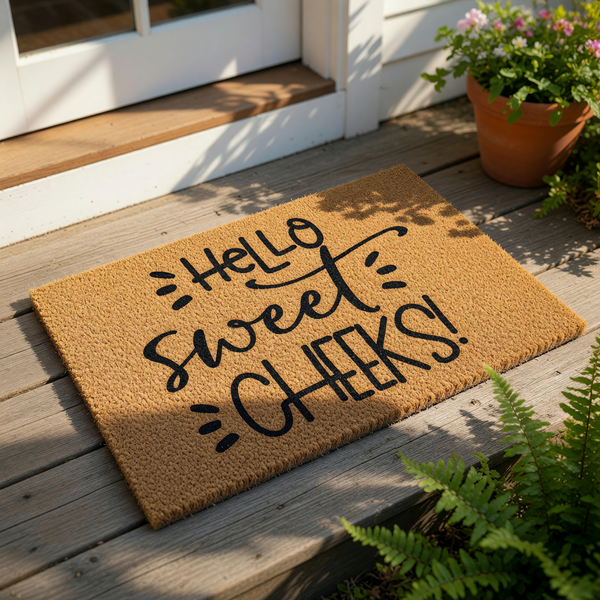 Hello Sweet Cheeks doormat featuring playful black typography on a natural coir fiber mat, this funny front porch welcome mat adds a charming touch to your home entryway decor with its cute and inviting message for guests and