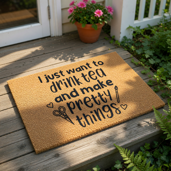 Craft lover doormat with text I just want to drink tea and make pretty things, featuring scissors and paintbrush icons on a natural coir welcome mat for a front porch, perfect for a creative hobbyist home decor entrance rug.