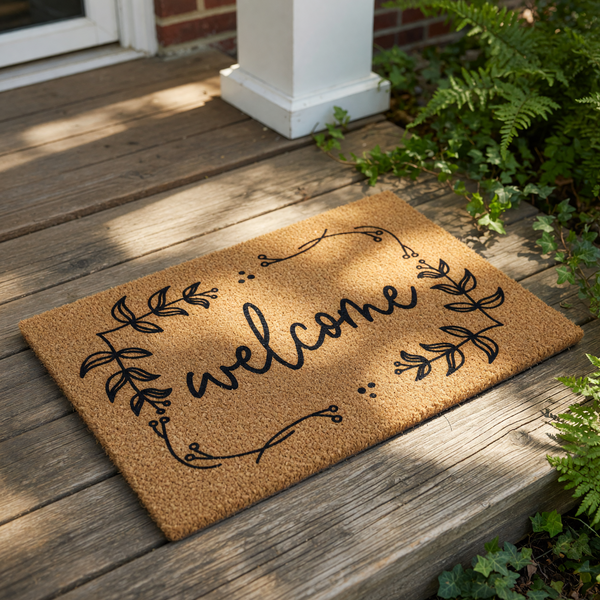 A decorative welcome mat with the word "welcome" written on it.