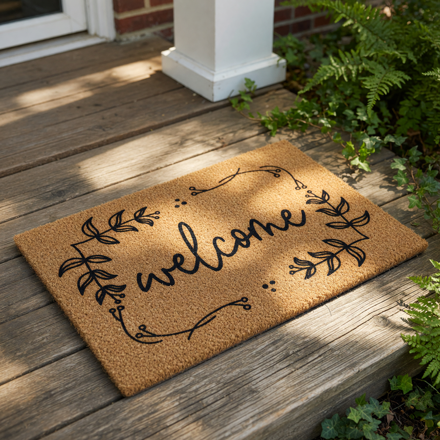 A decorative welcome mat with the word "welcome" written on it.