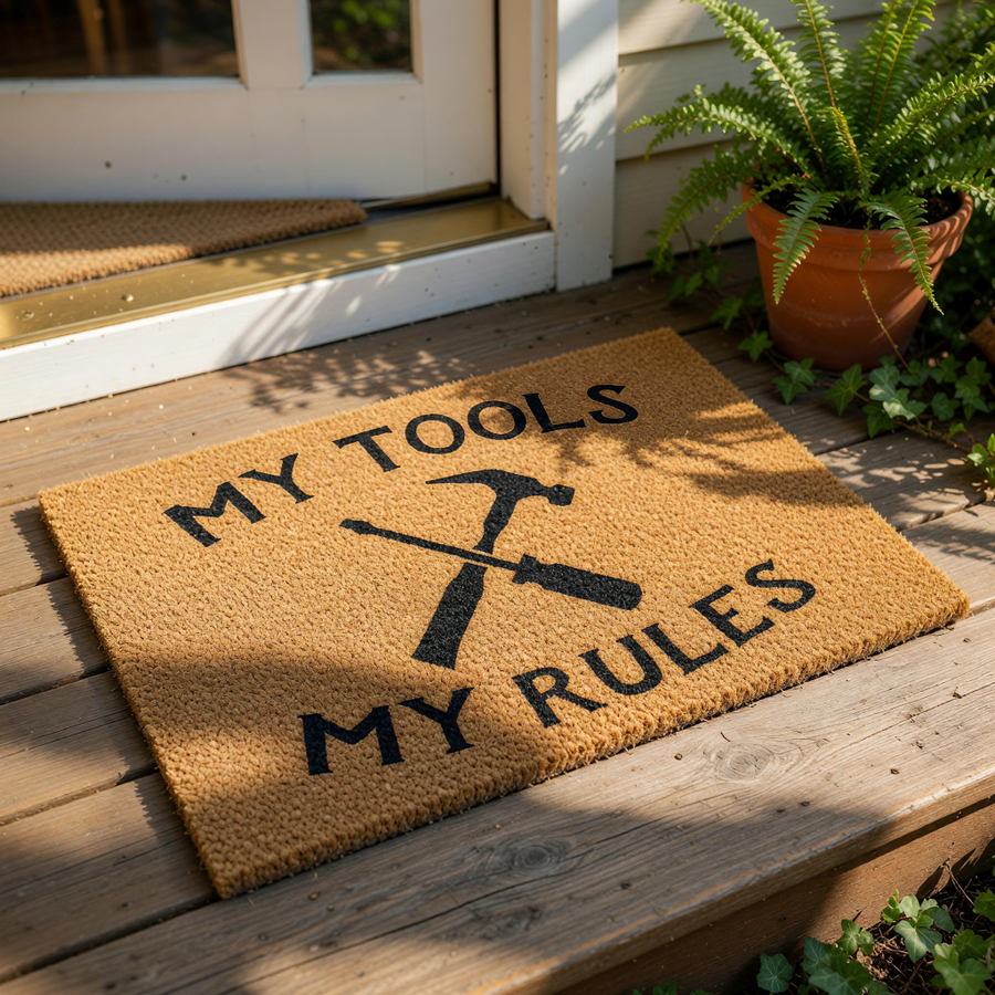 My Tools My Rules doormat featuring a hammer and screwdriver icon on natural coir fiber, this funny garage or workshop welcome mat is a durable outdoor floor rug for a handyman, dad, or anyone who loves home improvement projects.