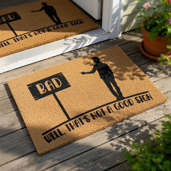 Funny doormat with a person pointing at a sign that says BAD, featuring the text Well, That's Not A Good Sign.