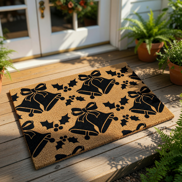Christmas bell doormat featuring a repeating pattern of black jingle bells and holly leaves on a natural coir fiber welcome mat, perfect for holiday porch decor and festive entryway floor mats during the winter season.