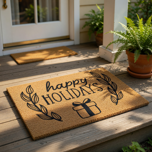 Happy Holidays coir doormat with a festive gift box and leaf branch design, this natural fiber welcome mat is a stylish seasonal front porch rug for winter home decor and holiday entryway floor mats for your house or apartment.