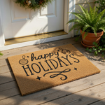 Happy Holidays coir doormat with black text and festive ornament illustrations, this natural fiber welcome mat is a seasonal front porch rug for winter home decor and a festive entryway floor covering for the holiday season.
