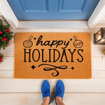 Happy Holidays coir doormat for front porch decor, featuring a festive seasonal design with ornaments and stars on a natural fiber welcome mat, perfect for winter entryway floor mats and holiday home entrance decorations.
