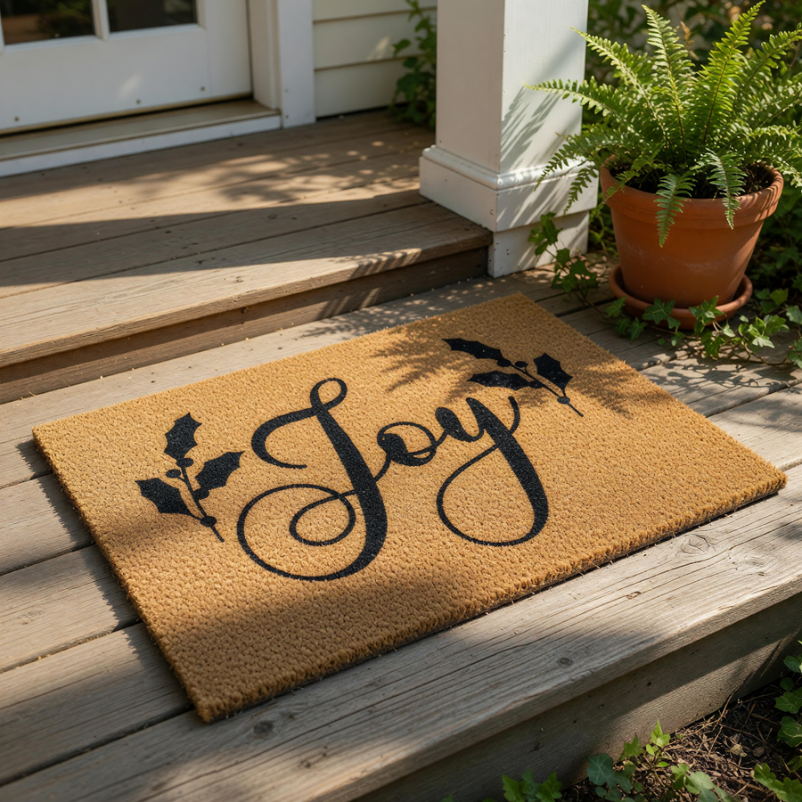 Joy Christmas coir doormat featuring a natural fiber welcome mat with black script text and holly leaf accents, perfect for holiday porch decor, seasonal entryway floor mats, and festive home entrance styling for the winter