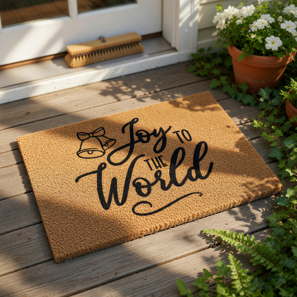 Joy to the World Christmas doormat featuring a festive bell design on natural coir fiber, perfect for a holiday front porch entry way decor, this durable outdoor welcome mat adds seasonal cheer to your home entrance and front