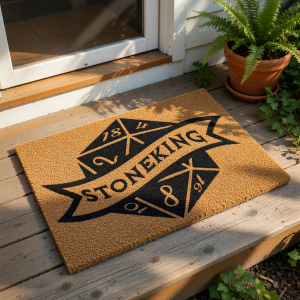 Personalized family name coir doormat featuring a custom banner design on a natural fiber welcome mat, perfect for front porch decor and housewarming entryways, displayed on a wood deck with a potted plant nearby for a rustic