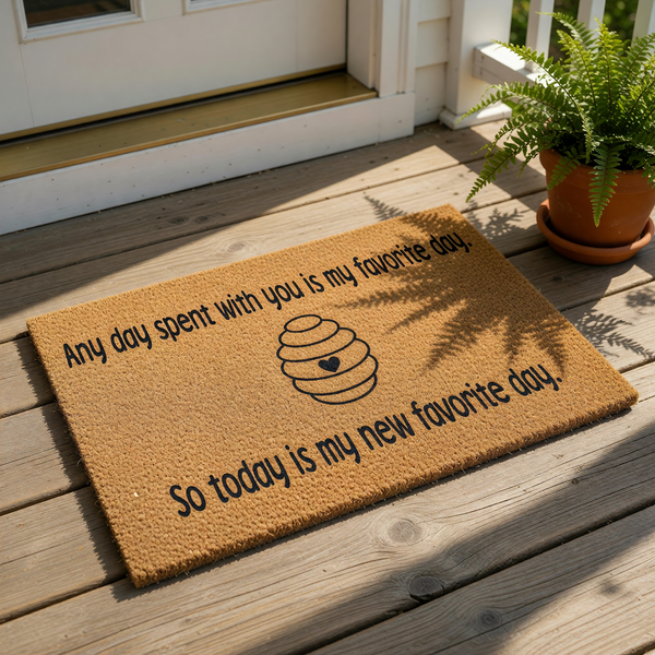 Beehive welcome doormat with a sweet quote about favorite days, featuring a natural coir fiber texture and black printed text.
