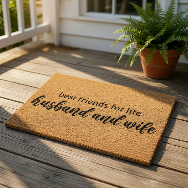 Husband and wife doormat with best friends for life text, a natural coir fiber welcome mat for couples, featuring a durable outdoor rug design that makes a thoughtful housewarming or wedding entry decor for a new home front porch.