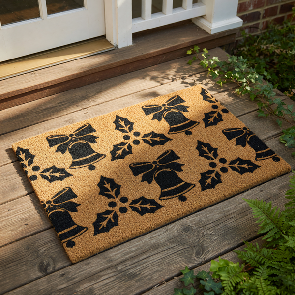 Christmas bell doormat with a natural coir fiber texture featuring a repeating black pattern of holiday bells and holly leaves, perfect for a festive front porch welcome mat or seasonal outdoor entryway floor decor for the home.