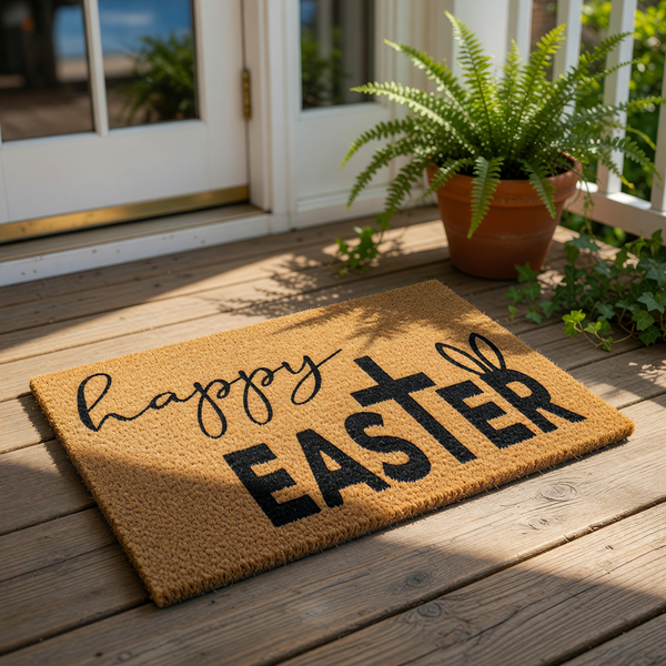 Happy Easter coir doormat with a religious cross and bunny ear design, featuring black text on a natural brown fiber welcome mat for spring porch decor, perfect for a seasonal front door entrance or farmhouse entryway floor rug.