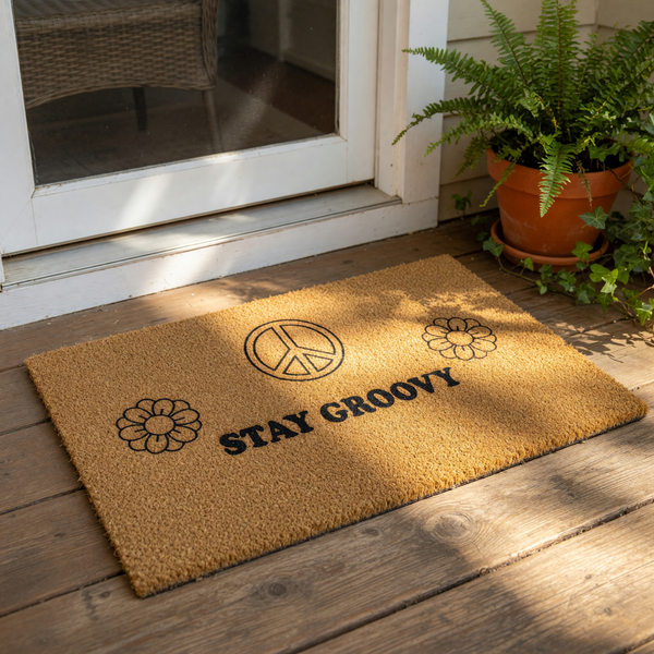 Stay Groovy coir doormat featuring a retro peace sign and flower design on natural fiber, this boho welcome mat is a stylish front porch rug for your home entrance that adds a fun, vintage-inspired look to any doorway decor.