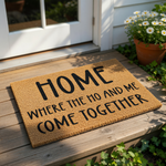 Funny doormat with rude text, this natural coir fiber welcome mat features bold black lettering that reads Home Where The Ho And Me Come Together, making it a cheeky housewarming entry rug for a front porch or apartment entryway