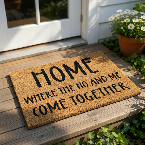 Funny doormat with rude text, this natural coir fiber welcome mat features bold black lettering that reads Home Where The Ho And Me Come Together, making it a cheeky housewarming entry rug for a front porch or apartment entryway
