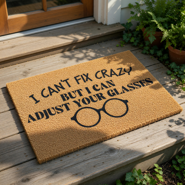 Funny optician doormat with the text I can't fix crazy but I can adjust your glasses, featuring a pair of black glasses on a natural coir fiber welcome mat, perfect for an eye doctor office or a humorous home entryway decor.