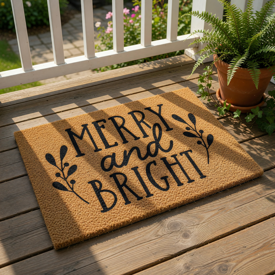 Merry and Bright holiday doormat featuring natural coir fiber material, perfect for a festive front porch entrance.
