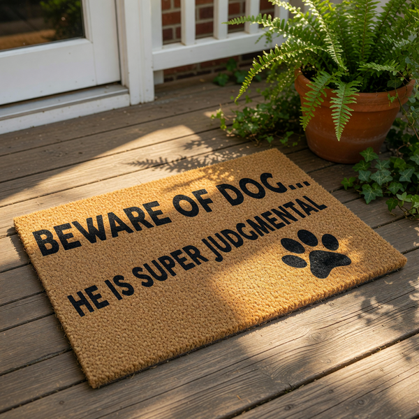 Funny dog doormat with text Beware of Dog He Is Super Judgmental and a black paw print icon, featuring a natural coir fiber texture for a durable outdoor welcome mat that makes a humorous pet lover home decor entrance statement.