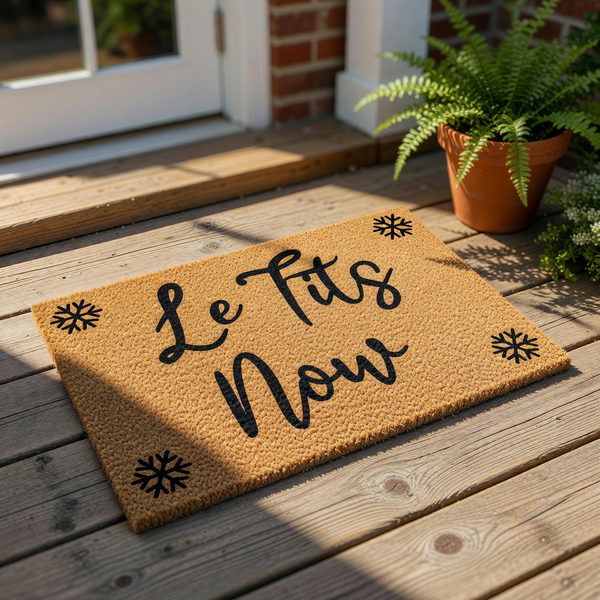 Funny winter doormat with Le Tits Now text and snowflake accents, this natural coir fiber welcome mat is a humorous holiday front porch decor piece that makes a cheeky seasonal housewarming entry rug for your home or apartment.