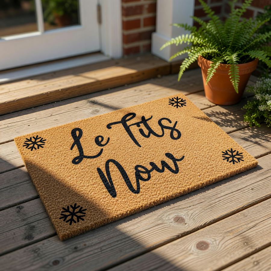 Funny winter doormat with Le Tits Now text and snowflake accents, this natural coir fiber welcome mat is a humorous holiday front porch decor piece that makes a cheeky seasonal housewarming entry rug for your home or apartment.