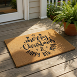 Merry Christmas and Happy New Year coir doormat with black script lettering and star accents, this natural fiber welcome mat is a festive holiday front porch decor piece for your home entrance during the winter season.