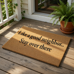 Funny doormat with the text Like a good neighbor stay over there printed in black on a natural coir fiber welcome mat, creating a humorous front porch decor piece for your home entrance that keeps visitors away with a witty