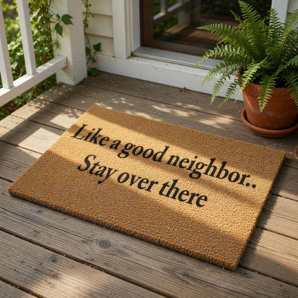 Funny doormat with the text Like a good neighbor stay over there printed in black on a natural coir fiber welcome mat, creating a humorous front porch decor piece for your home entrance that keeps visitors away with a witty