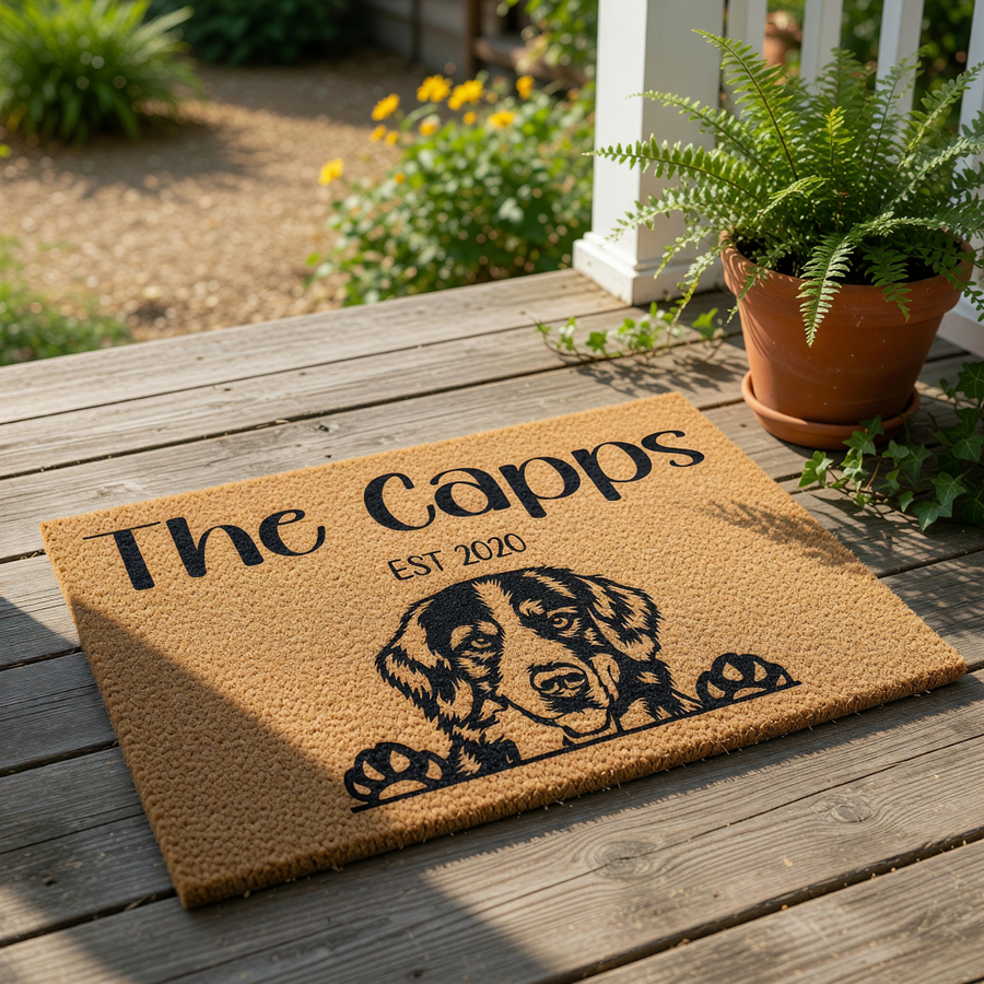 Personalized dog breed doormat featuring a cute Bernese Mountain Dog illustration, custom family name text, and established year on a natural coir welcome mat, perfect for a pet lover home entrance or front porch decor.