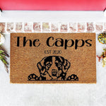 Personalized dog breed doormat featuring a custom family name and established year, this natural coir welcome mat displays a cute dog illustration with paws, making it a durable outdoor front porch rug for pet lovers and home